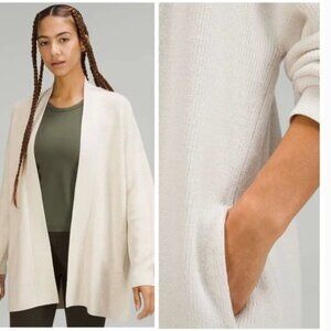 Lululemon Merino Wool Blend Ribbed Long Open Cardigan Wrap Sweater White Opal